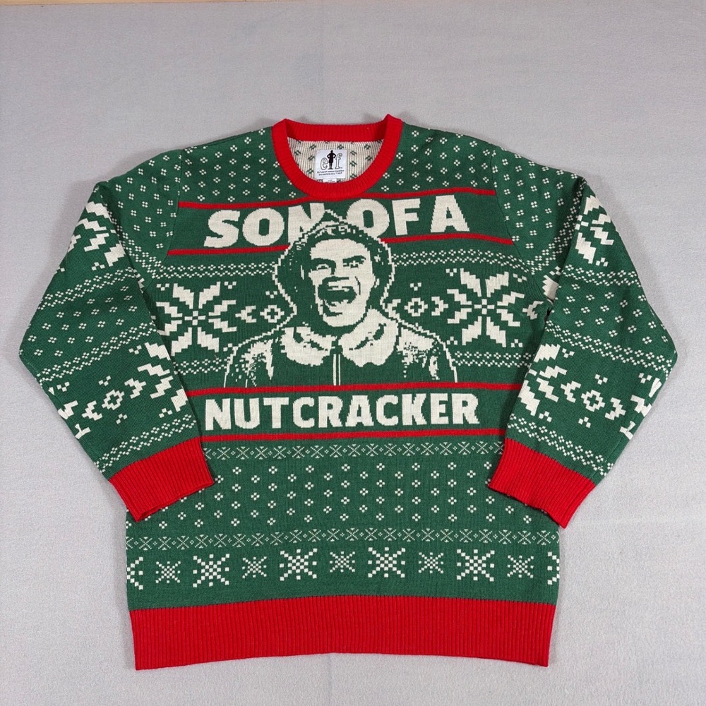 Elf Movie Son of a Nutcracker Christmas‎ Sweater Green Red Mens Large Buddy Elf